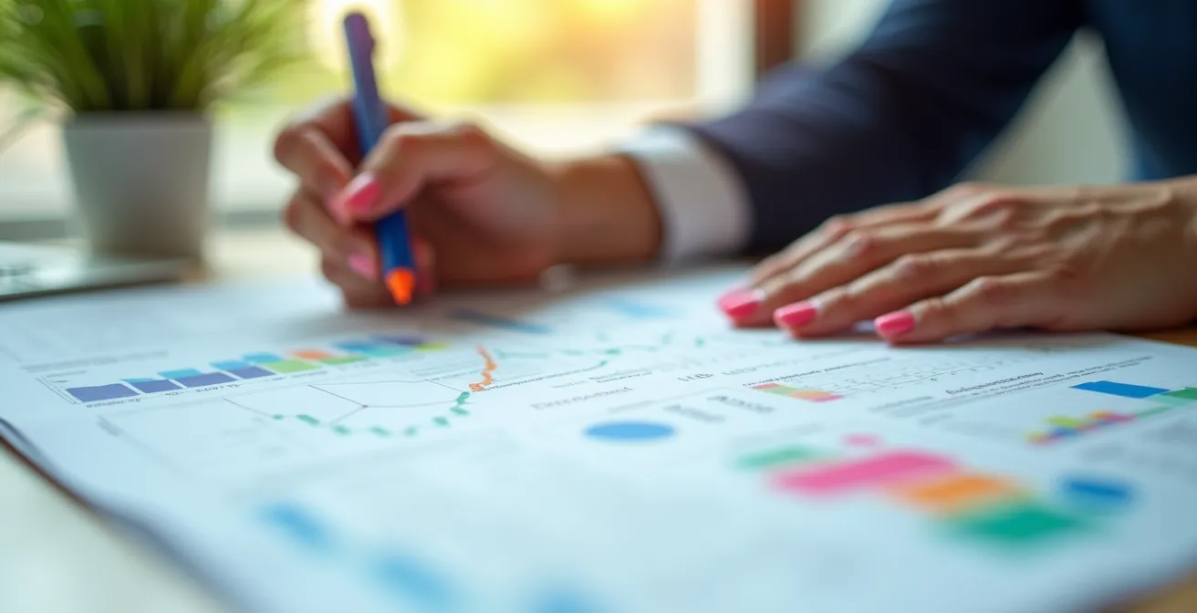 Analista finanziario che esamina documenti bancari con evidenziatori colorati su scrivania ordinata