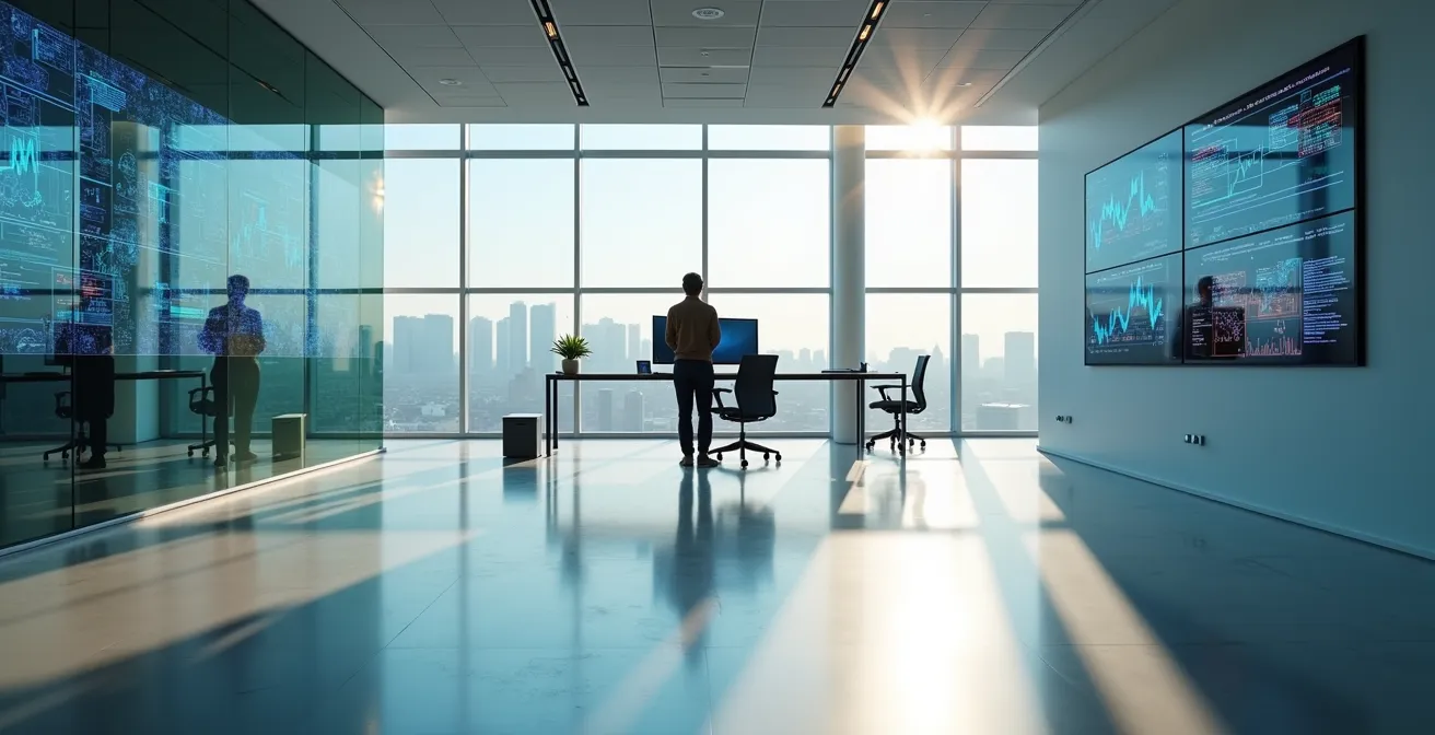 Vista ampia di ufficio moderno con professionista che lavora su configurazioni sistema gestionale