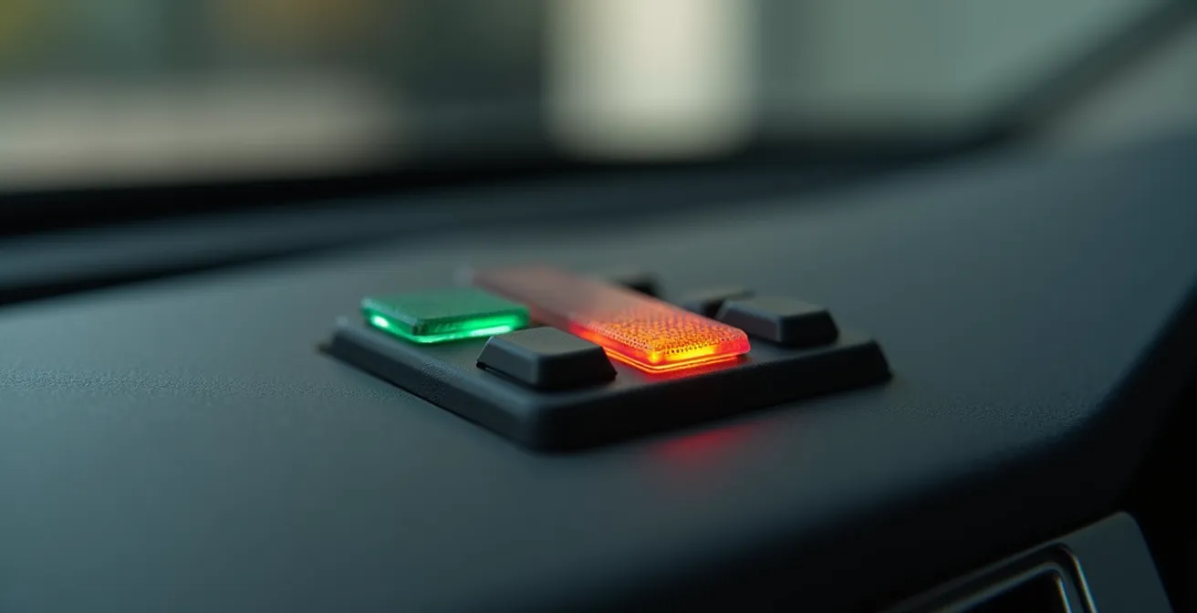 Vista macro di elementi di dashboard minimalisti con indicatori colorati chiari e immediati