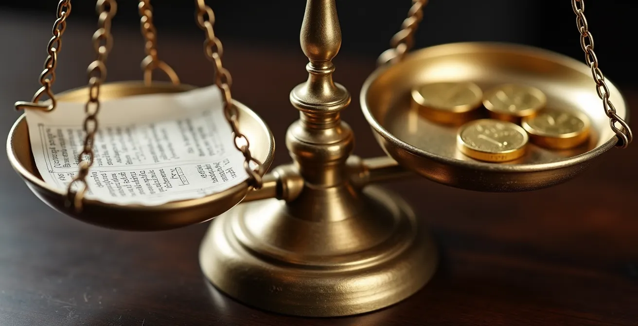 Bilancia dorata in equilibrio con documenti finanziari astratti a simboleggiare l'equilibrio di bilancio