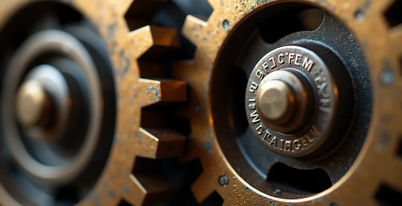 Ingranaggi metallici di diverse finiture che si intersecano, a simboleggiare il trasferimento di esperienza e la complessa ma necessaria armonia tra generazioni nella governance di un'impresa familiare.