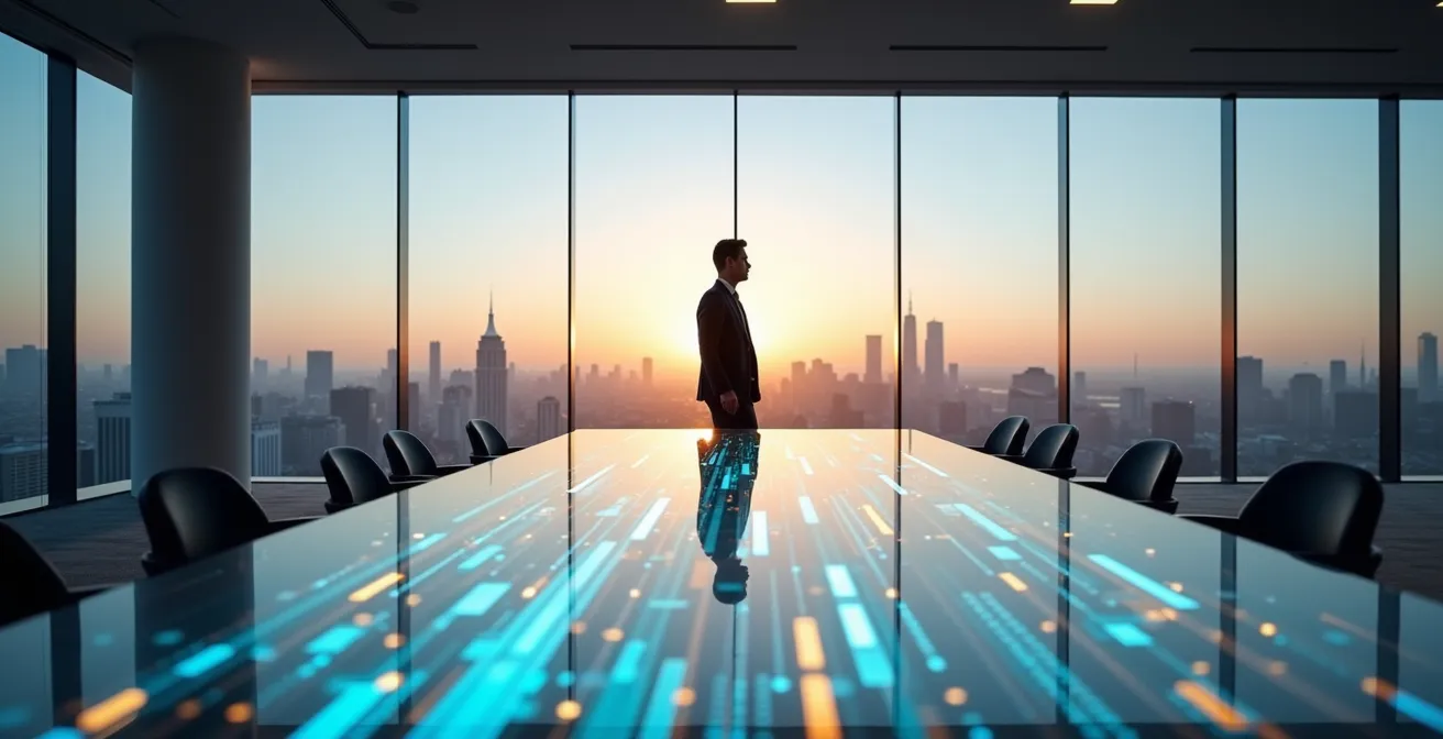 Visualizzazione astratta di metriche predittive aziendali con grafici e tendenze