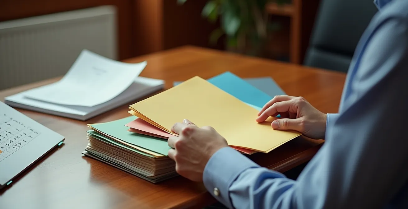 Calendario fiscale con documenti organizzati per trimestre su scrivania italiana