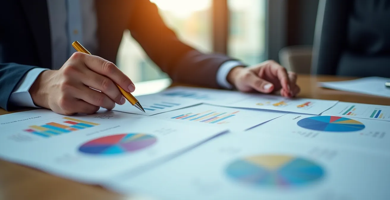 Vista aerea di una pianificazione strategica aziendale con grafici di crescita