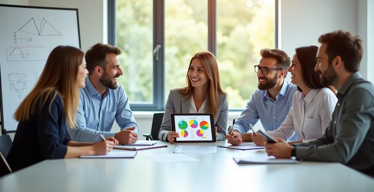 Team aziendale discute benefici welfare in sala riunioni luminosa