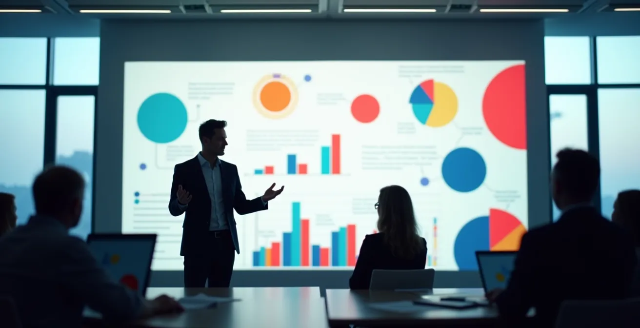 Presentazione di pitch deck con slide minimaliste proiettate su grande schermo