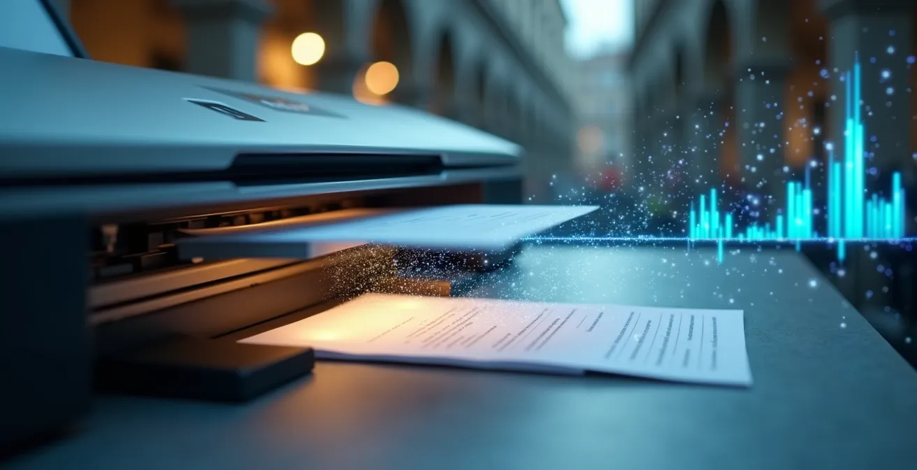 Professionista scansiona documenti con scanner professionale in ambiente ordinato