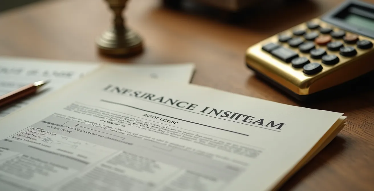 Documenti finanziari e polizza assicurativa su scrivania con calcolatrice