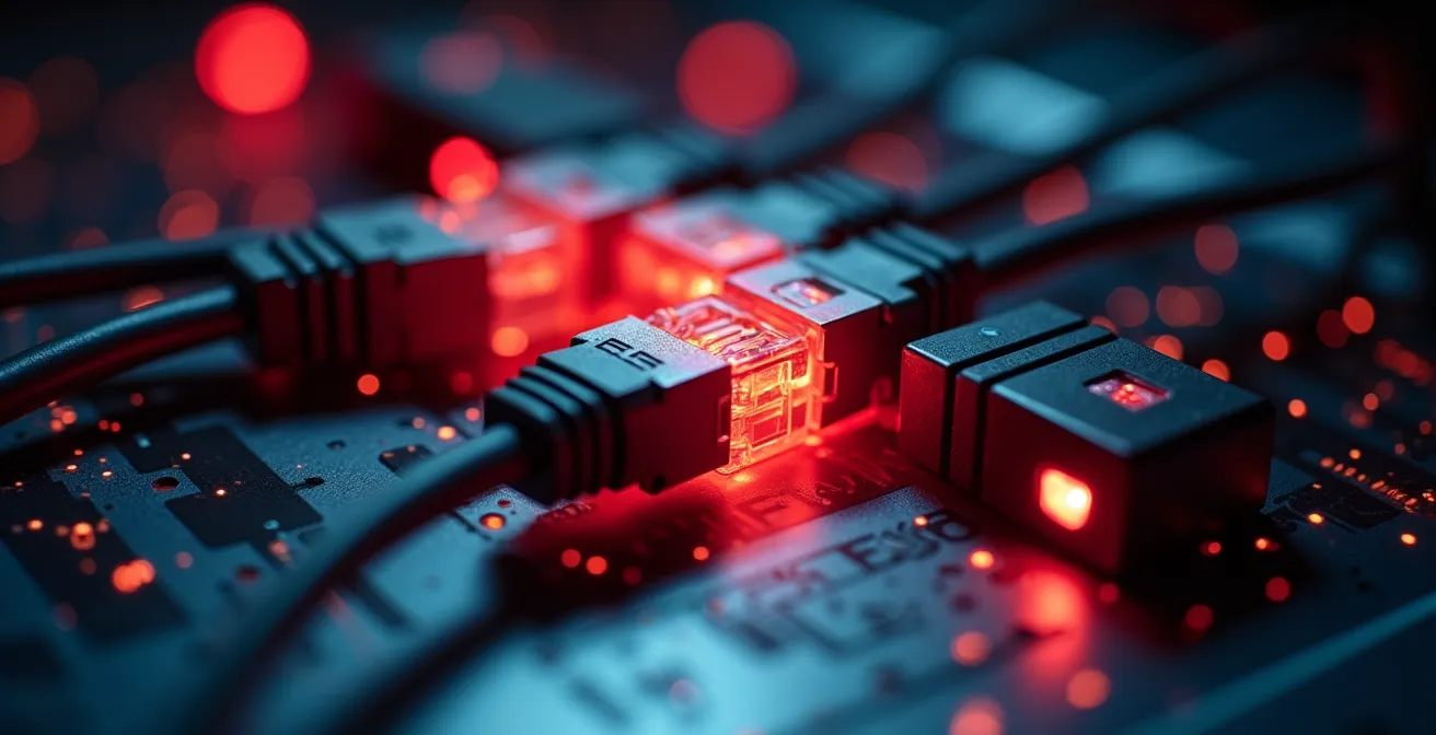 Rappresentazione simbolica del sovraccarico digitale con server e flussi di dati