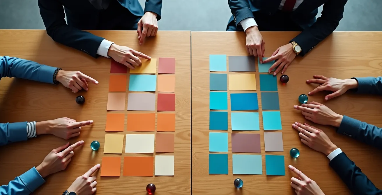 Professionisti confrontano grafici astratti di analisi prezzi su tavolo di lavoro