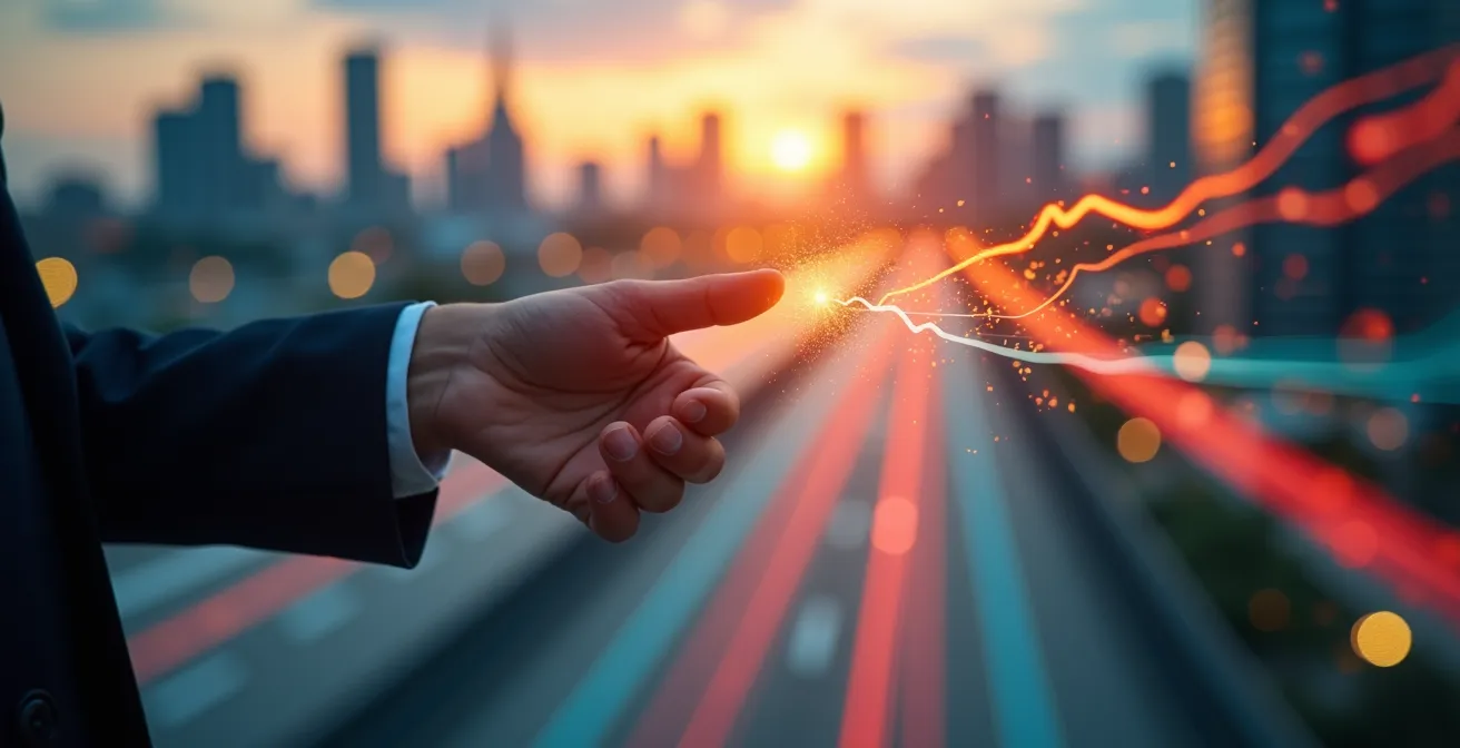 Mano protesa verso orizzonte con dati astratti che fluiscono nell'aria