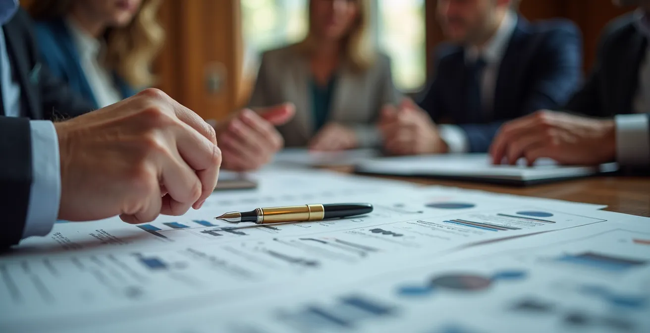 Un momento cruciale di una riunione del CdA, con mani che indicano documenti e una penna stilografica, simbolo della verbalizzazione formale a tutela del consigliere.