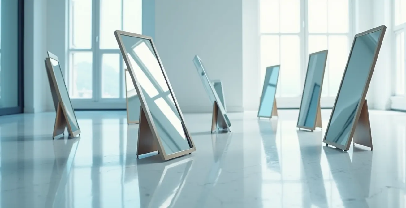 Rappresentazione metaforica del mascheramento dei dati finanziari con specchi e riflessi