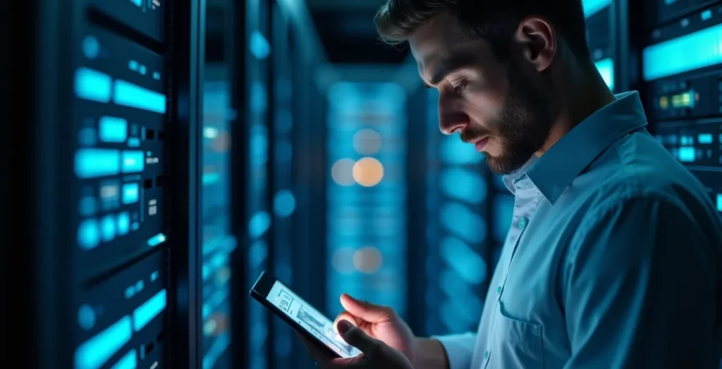 Tecnico IT che esegue test di disaster recovery in un data center moderno